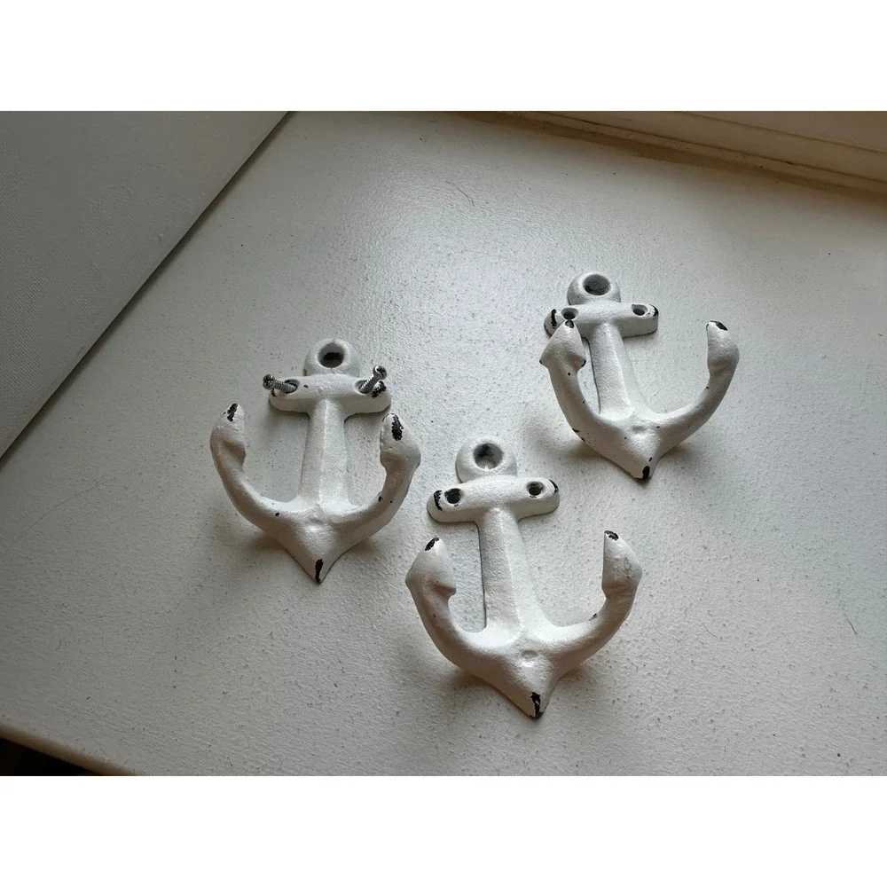 Set of 3 White Cast Iron Anchor Wall Hooks Nautical Coastal Maritime Decor
